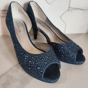 Kelly & Katie Teal Rhinestone Peep Toe Kitten Heel Pumps 6.5W wedding prom
